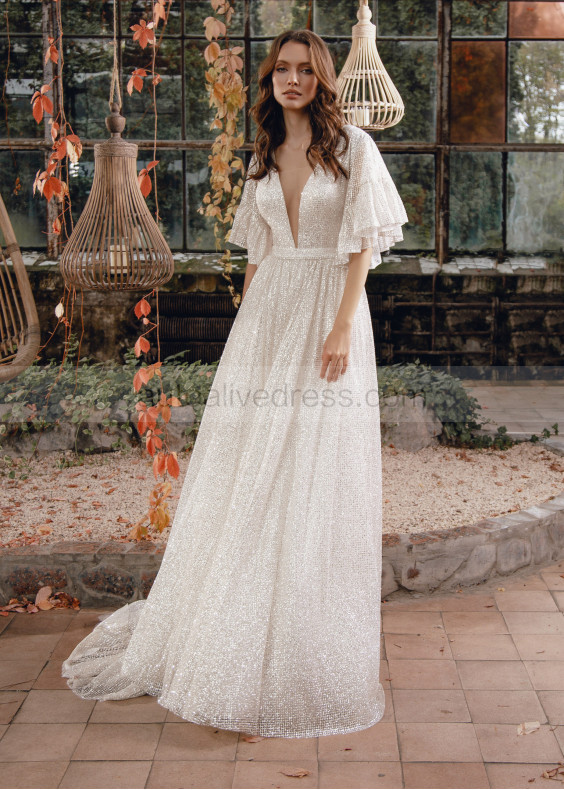 Silver Glitter Buttons Back Wedding Dress Silver Glitter Buttons Back Wedding Dress